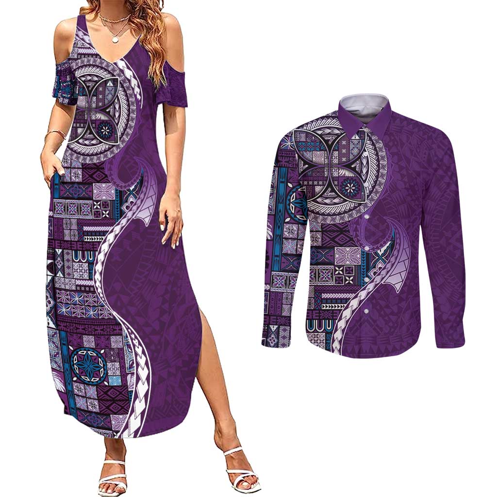 Samoan Siapo Art Tattoo Polynesian Pattern Couples Matching Summer Maxi Dress and Long Sleeve Button Shirt Purple Color LT03 Purple - Polynesian Pride