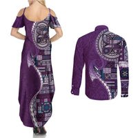 Samoan Siapo Art Tattoo Polynesian Pattern Couples Matching Summer Maxi Dress and Long Sleeve Button Shirt Purple Color LT03 - Polynesian Pride