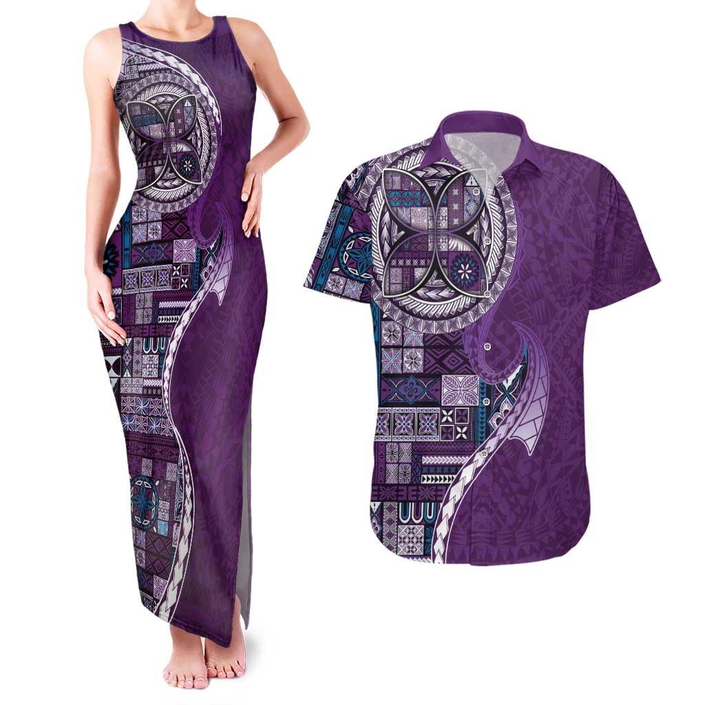 Samoan Siapo Art Tattoo Polynesian Pattern Couples Matching Tank Maxi Dress and Hawaiian Shirt Purple Color LT03 Purple - Polynesian Pride