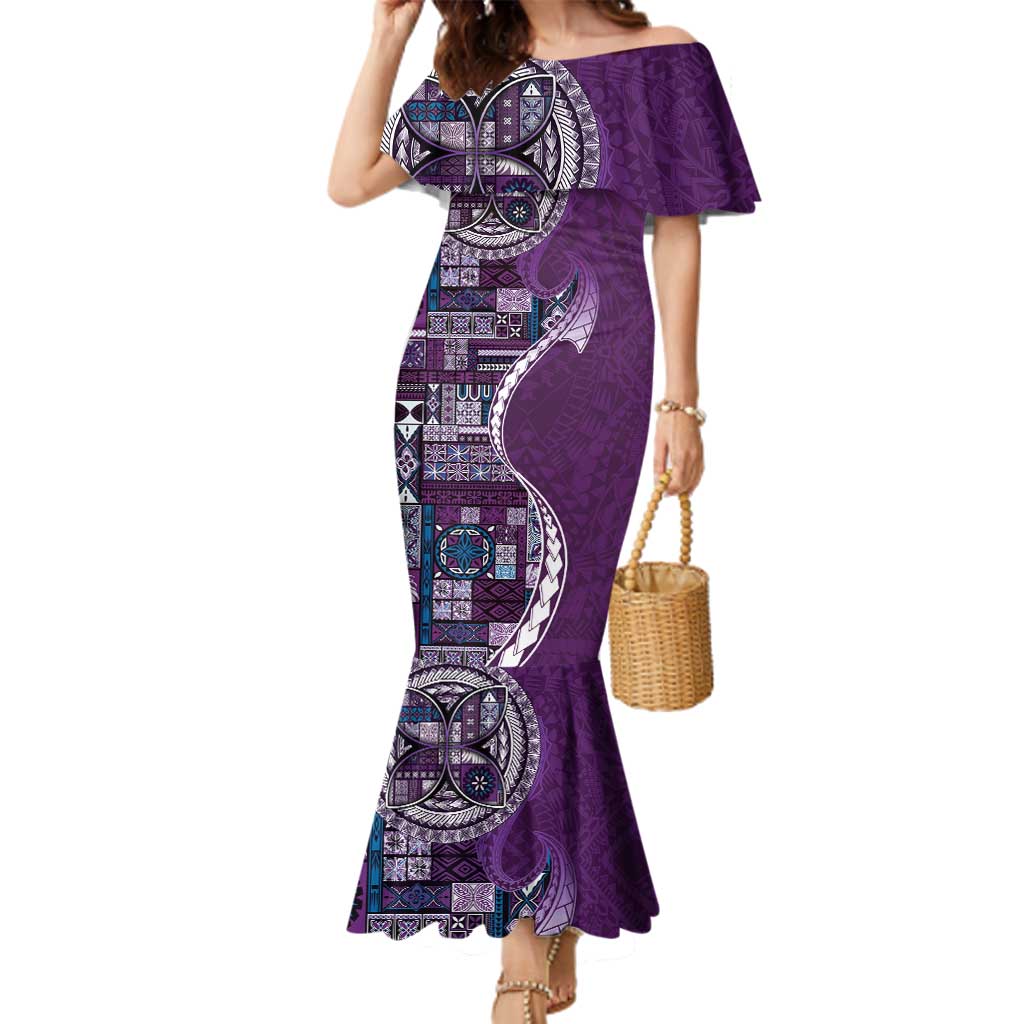 Samoan Siapo Art Tattoo Polynesian Pattern Family Matching Mermaid Dress and Hawaiian Shirt Purple Color - Polynesian Pride