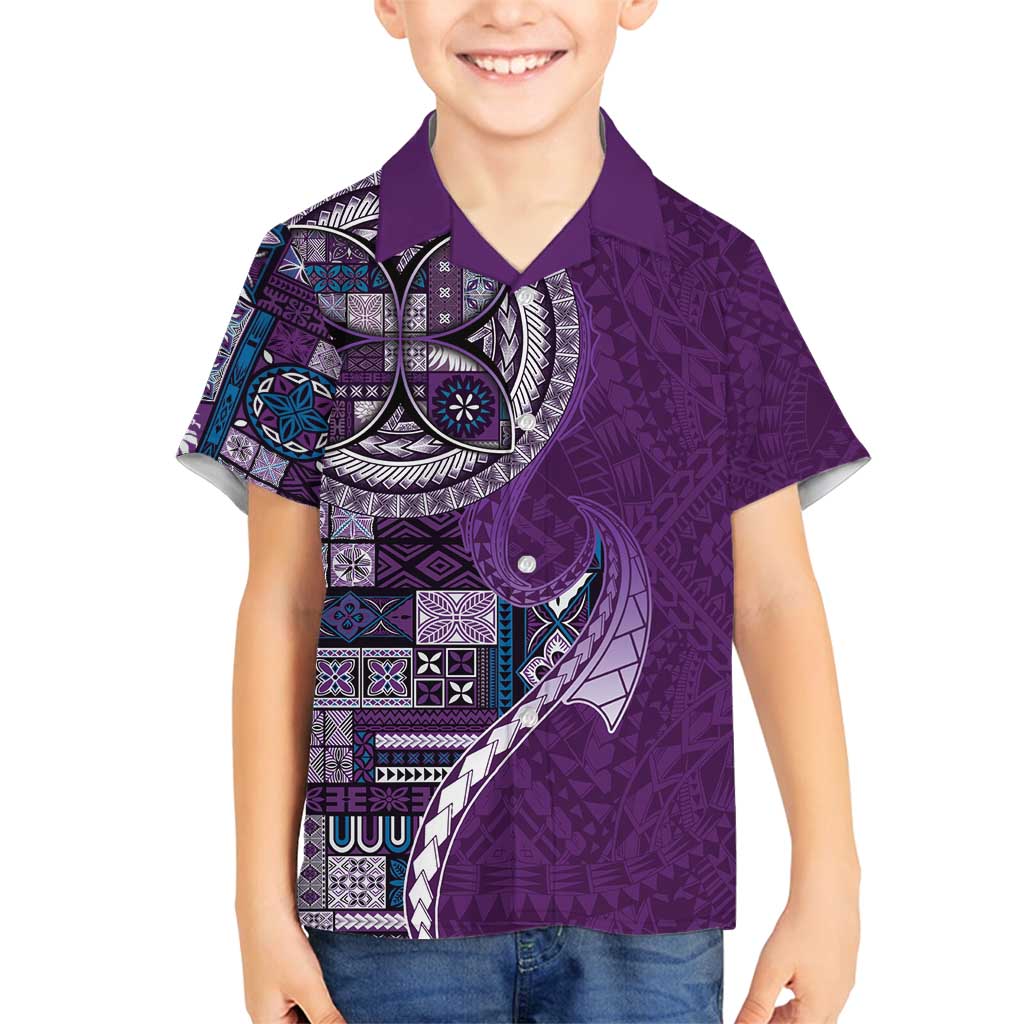 Samoan Siapo Art Tattoo Polynesian Pattern Family Matching Off Shoulder Maxi Dress and Hawaiian Shirt Purple Color - Polynesian Pride