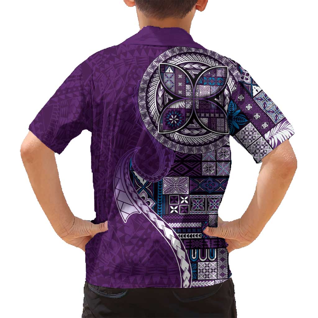 Samoan Siapo Art Tattoo Polynesian Pattern Family Matching Off Shoulder Short Dress and Hawaiian Shirt Purple Color - Polynesian Pride