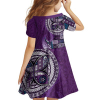 Samoan Siapo Art Tattoo Polynesian Pattern Family Matching Off Shoulder Short Dress and Hawaiian Shirt Purple Color - Polynesian Pride