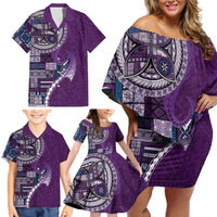 Samoan Siapo Art Tattoo Polynesian Pattern Family Matching Off Shoulder Short Dress and Hawaiian Shirt Purple Color - Polynesian Pride