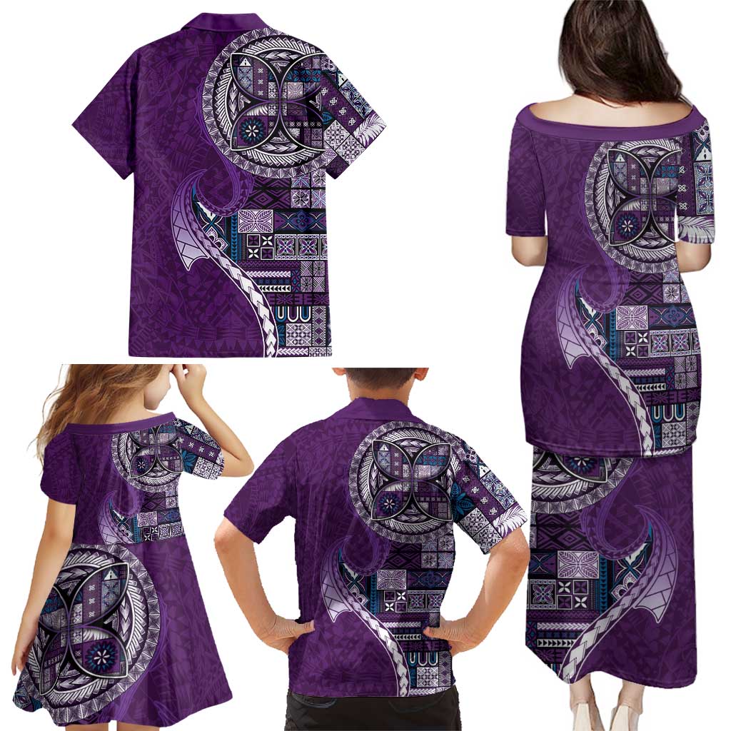 Samoan Siapo Art Tattoo Polynesian Pattern Family Matching Puletasi and Hawaiian Shirt Purple Color - Polynesian Pride
