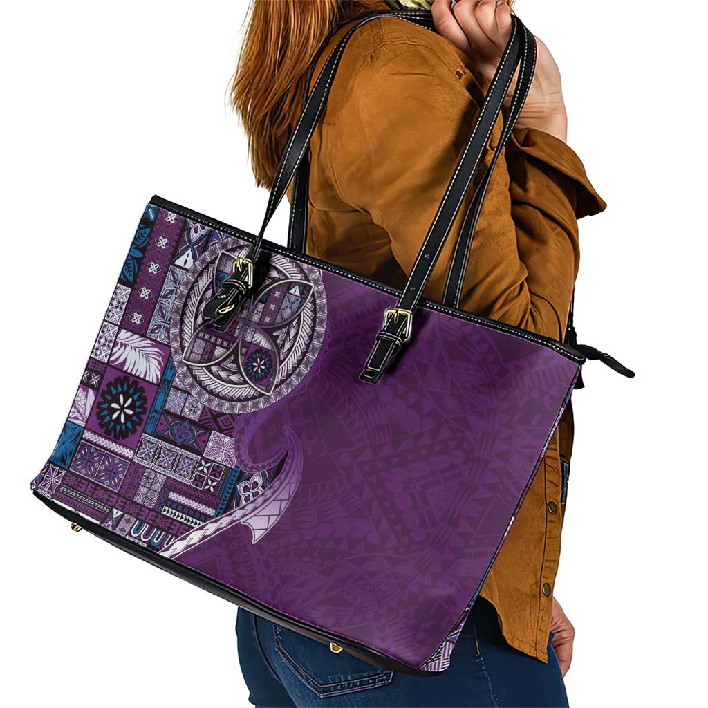 Samoan Siapo Art Tattoo Polynesian Pattern Leather Tote Bag Purple Color - Polynesian Pride