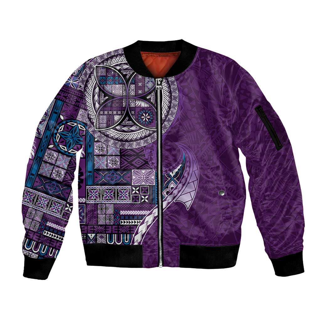 Samoan Siapo Art Tattoo Polynesian Pattern Sleeve Zip Bomber Jacket Purple Color - Polynesian Pride