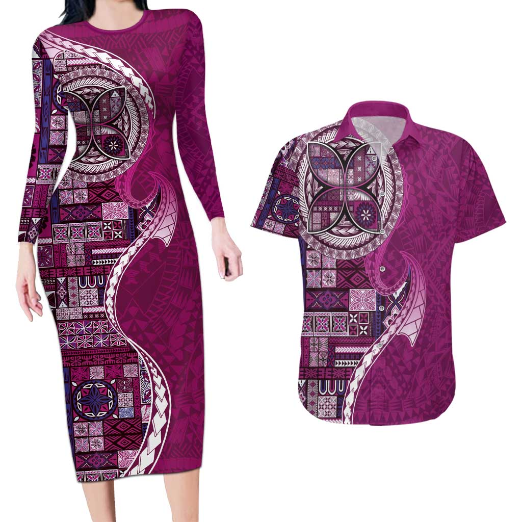 Samoan Siapo Art Tattoo Polynesian Pattern Couples Matching Long Sleeve Bodycon Dress and Hawaiian Shirt Pink Color LT03 Pink - Polynesian Pride