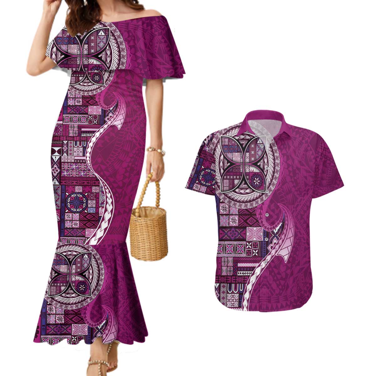 Samoan Siapo Art Tattoo Polynesian Pattern Couples Matching Mermaid Dress and Hawaiian Shirt Pink Color LT03 Pink - Polynesian Pride