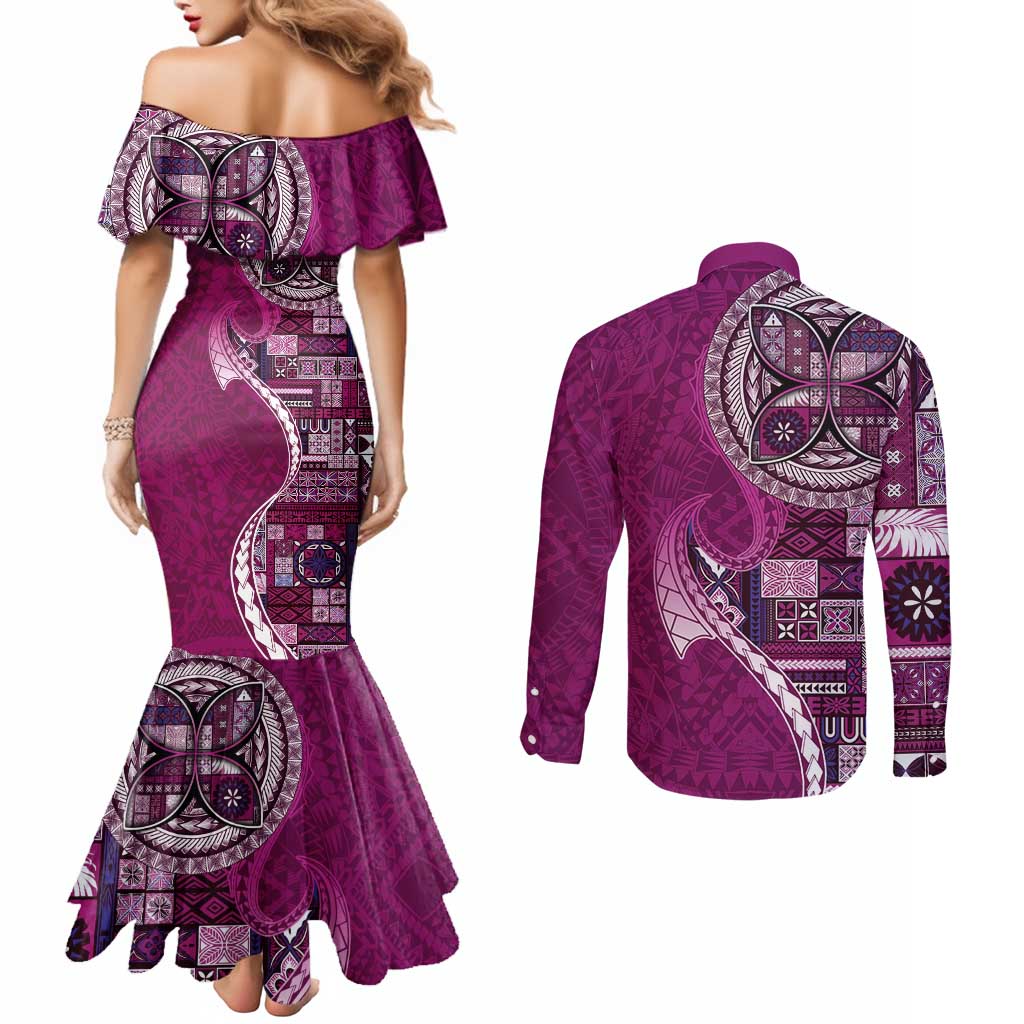 Samoan Siapo Art Tattoo Polynesian Pattern Couples Matching Mermaid Dress and Long Sleeve Button Shirt Pink Color - Polynesian Pride