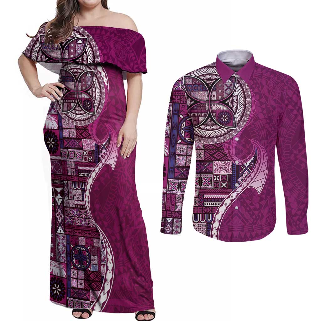 Samoan Siapo Art Tattoo Polynesian Pattern Couples Matching Off Shoulder Maxi Dress and Long Sleeve Button Shirt Pink Color LT03 Pink - Polynesian Pride