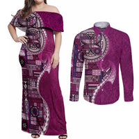 Samoan Siapo Art Tattoo Polynesian Pattern Couples Matching Off Shoulder Maxi Dress and Long Sleeve Button Shirt Pink Color LT03 Pink - Polynesian Pride