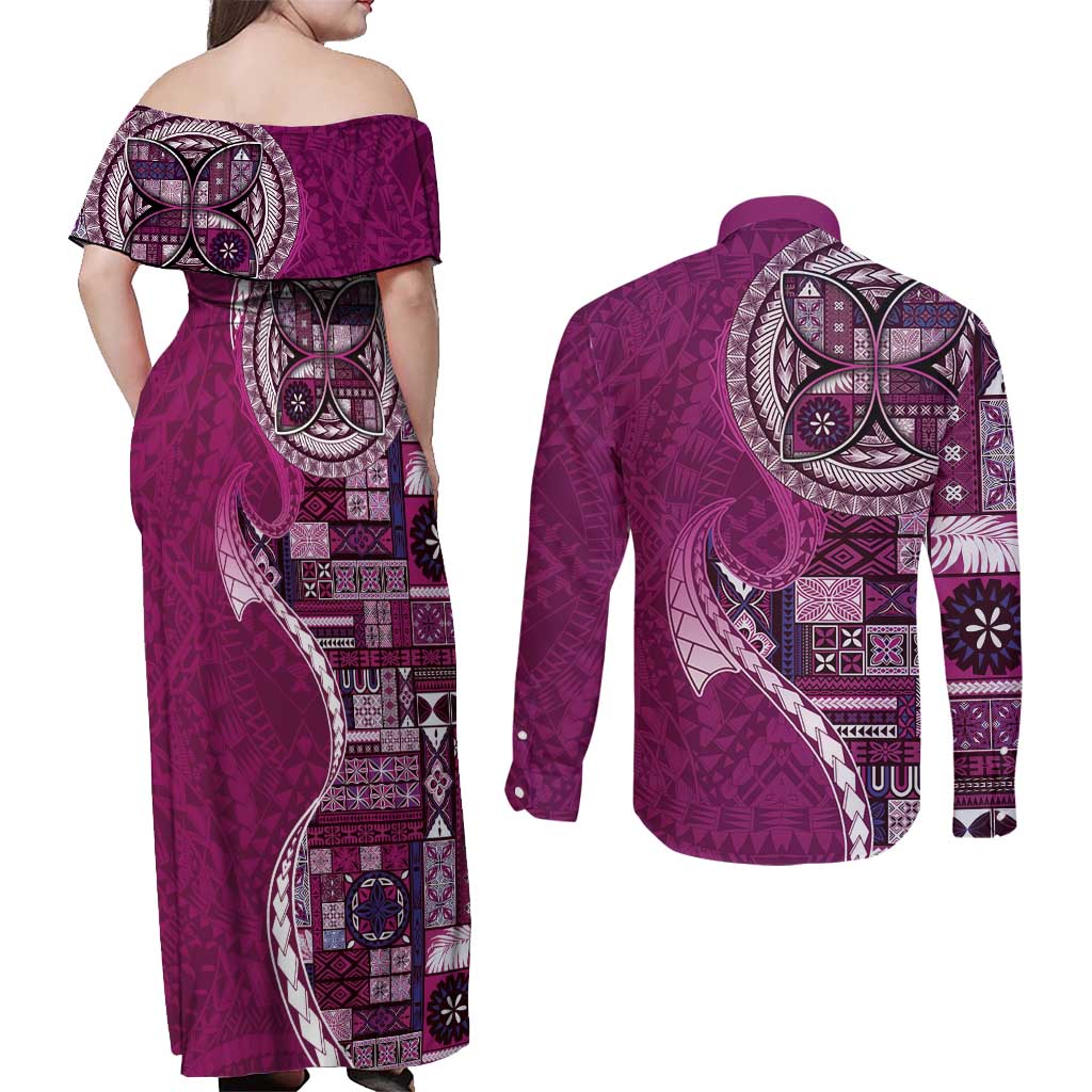 Samoan Siapo Art Tattoo Polynesian Pattern Couples Matching Off Shoulder Maxi Dress and Long Sleeve Button Shirt Pink Color LT03 - Polynesian Pride