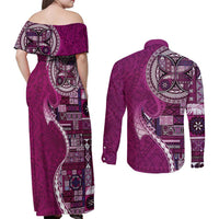 Samoan Siapo Art Tattoo Polynesian Pattern Couples Matching Off Shoulder Maxi Dress and Long Sleeve Button Shirt Pink Color LT03 - Polynesian Pride