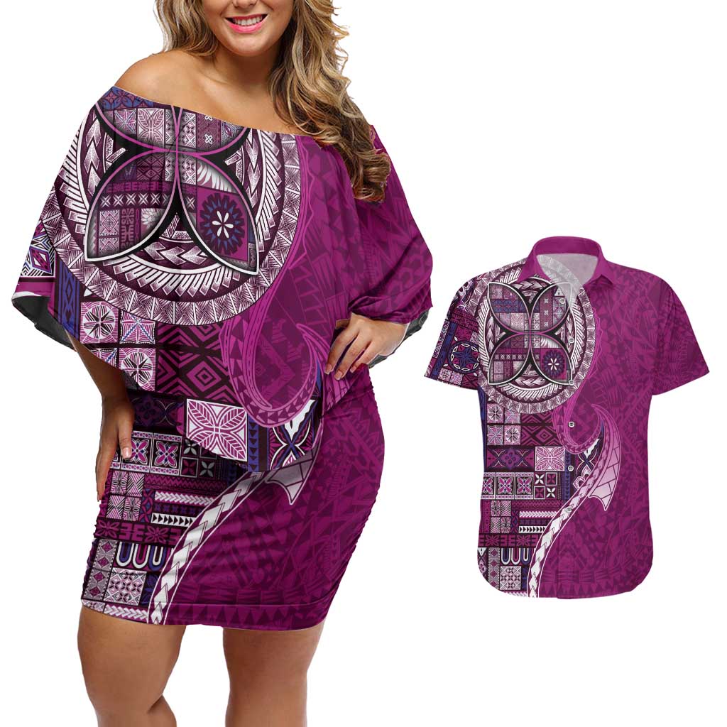 Samoan Siapo Art Tattoo Polynesian Pattern Couples Matching Off Shoulder Short Dress and Hawaiian Shirt Pink Color LT03 Pink - Polynesian Pride