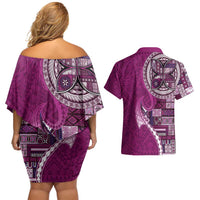 Samoan Siapo Art Tattoo Polynesian Pattern Couples Matching Off Shoulder Short Dress and Hawaiian Shirt Pink Color LT03 - Polynesian Pride