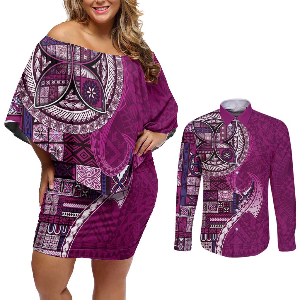 Samoan Siapo Art Tattoo Polynesian Pattern Couples Matching Off Shoulder Short Dress and Long Sleeve Button Shirt Pink Color LT03 Pink - Polynesian Pride