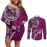 Samoan Siapo Art Tattoo Polynesian Pattern Couples Matching Off Shoulder Short Dress and Long Sleeve Button Shirt Pink Color LT03 Pink - Polynesian Pride
