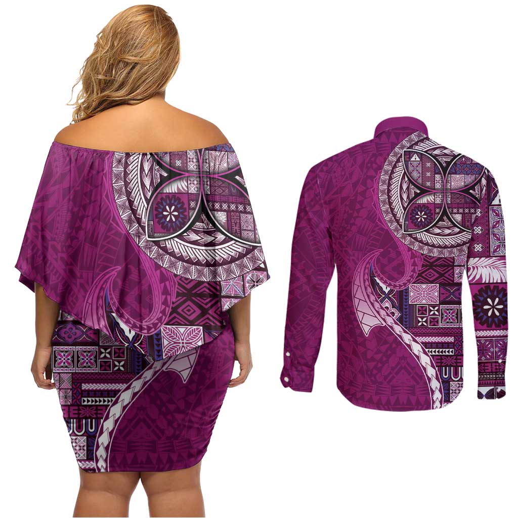 Samoan Siapo Art Tattoo Polynesian Pattern Couples Matching Off Shoulder Short Dress and Long Sleeve Button Shirt Pink Color LT03 - Polynesian Pride