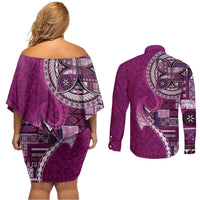 Samoan Siapo Art Tattoo Polynesian Pattern Couples Matching Off Shoulder Short Dress and Long Sleeve Button Shirt Pink Color LT03 - Polynesian Pride