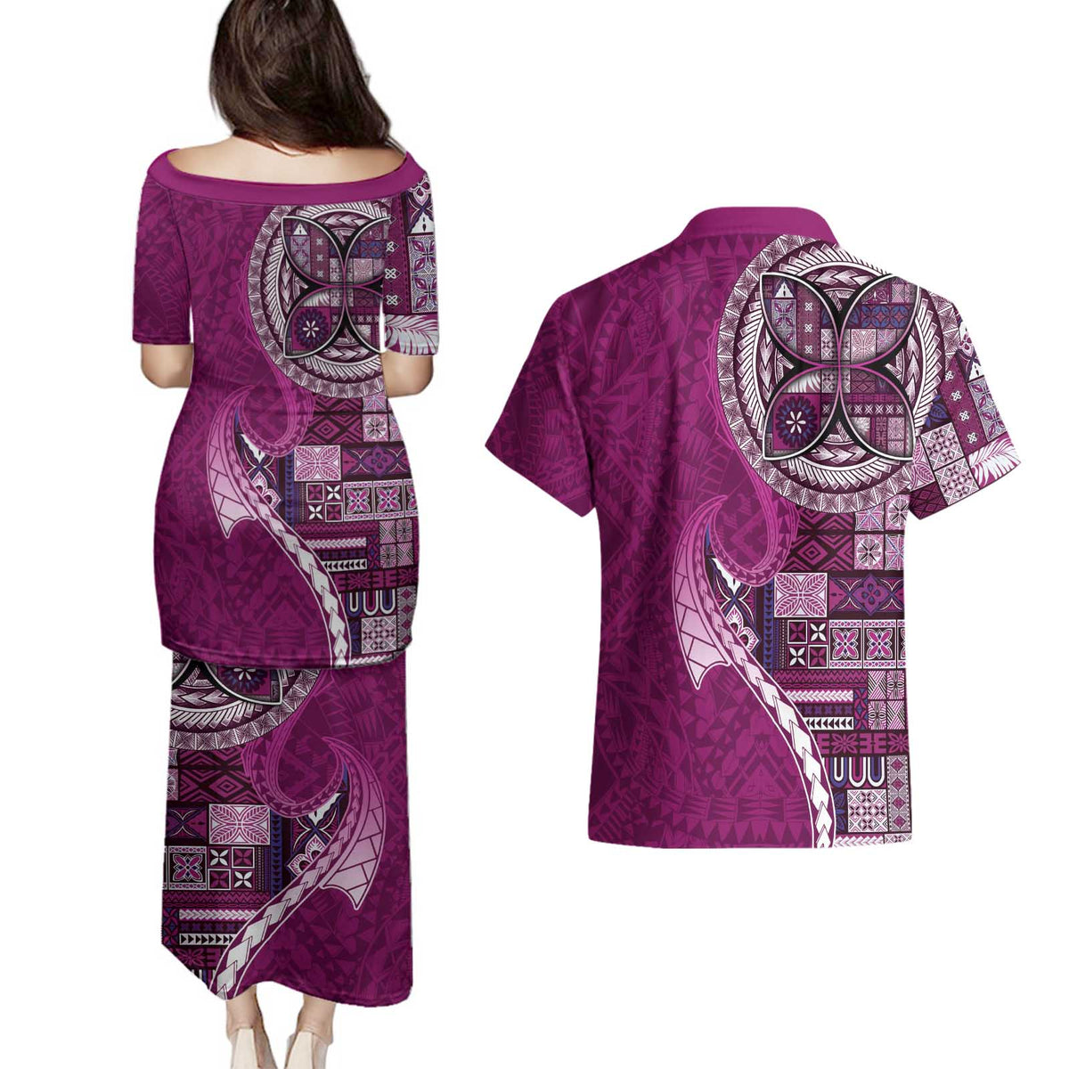 Samoan Siapo Art Tattoo Polynesian Pattern Couples Matching Puletasi and Hawaiian Shirt Pink Color - Polynesian Pride