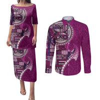 Samoan Siapo Art Tattoo Polynesian Pattern Couples Matching Puletasi and Long Sleeve Button Shirt Pink Color LT03 Pink - Polynesian Pride