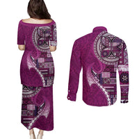 Samoan Siapo Art Tattoo Polynesian Pattern Couples Matching Puletasi and Long Sleeve Button Shirt Pink Color LT03 - Polynesian Pride