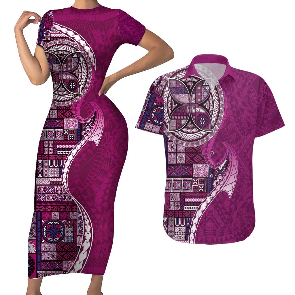 Samoan Siapo Art Tattoo Polynesian Pattern Couples Matching Short Sleeve Bodycon Dress and Hawaiian Shirt Pink Color LT03 Pink - Polynesian Pride
