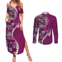 Samoan Siapo Art Tattoo Polynesian Pattern Couples Matching Summer Maxi Dress and Long Sleeve Button Shirt Pink Color LT03 Pink - Polynesian Pride