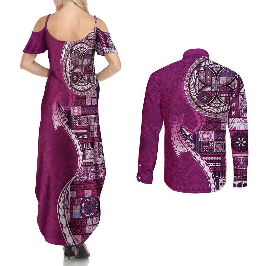 Samoan Siapo Art Tattoo Polynesian Pattern Couples Matching Summer Maxi Dress and Long Sleeve Button Shirt Pink Color LT03 - Polynesian Pride