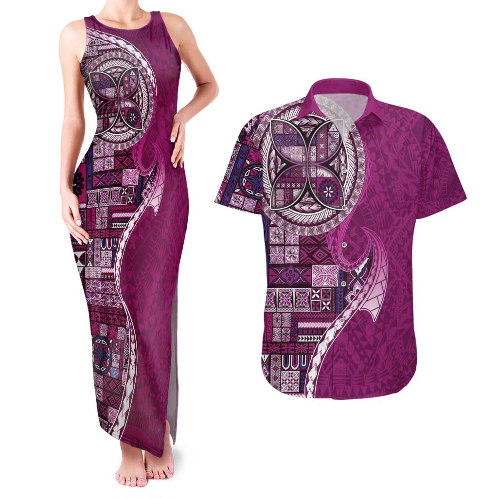 Samoan Siapo Art Tattoo Polynesian Pattern Couples Matching Tank Maxi Dress and Hawaiian Shirt Pink Color LT03 Pink - Polynesian Pride
