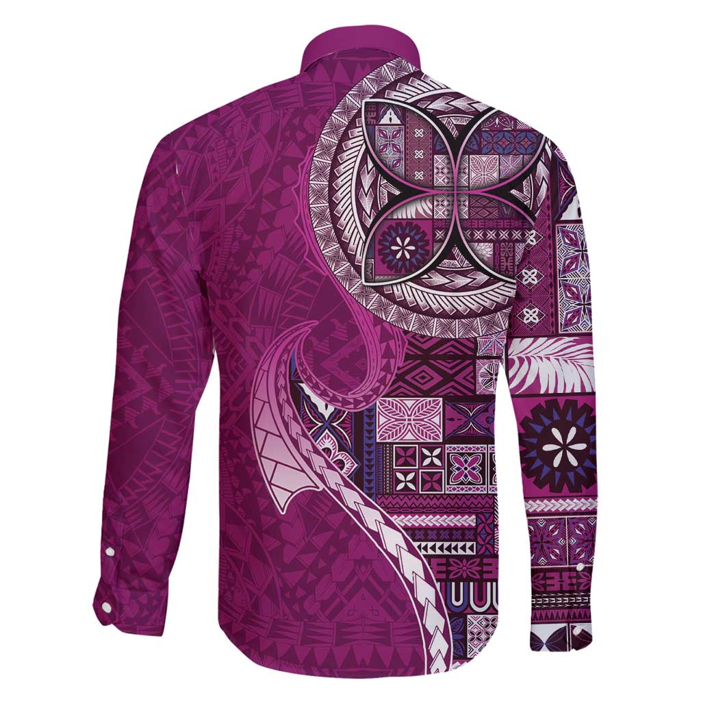 Samoan Siapo Art Tattoo Polynesian Pattern Family Matching Long Sleeve Bodycon Dress and Hawaiian Shirt Pink Color - Polynesian Pride