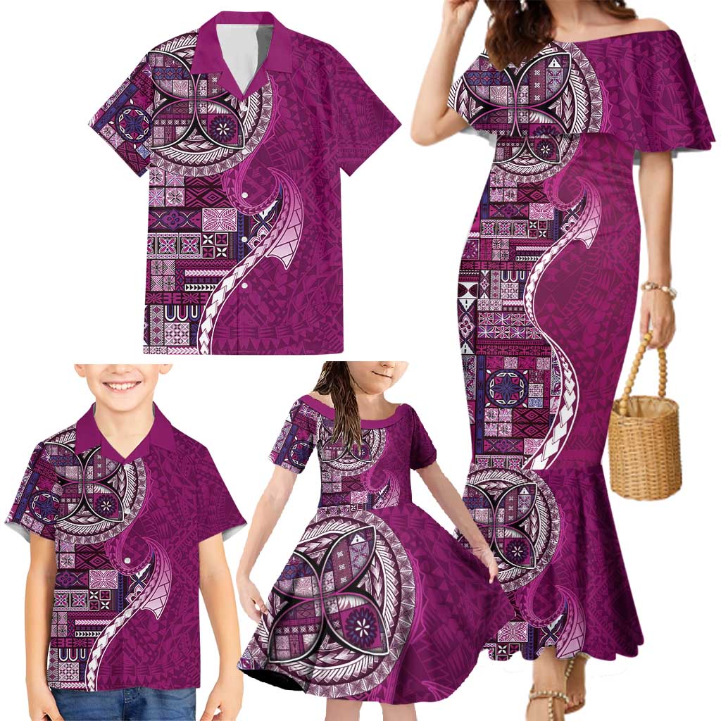 Samoan Siapo Art Tattoo Polynesian Pattern Family Matching Mermaid Dress and Hawaiian Shirt Pink Color - Polynesian Pride