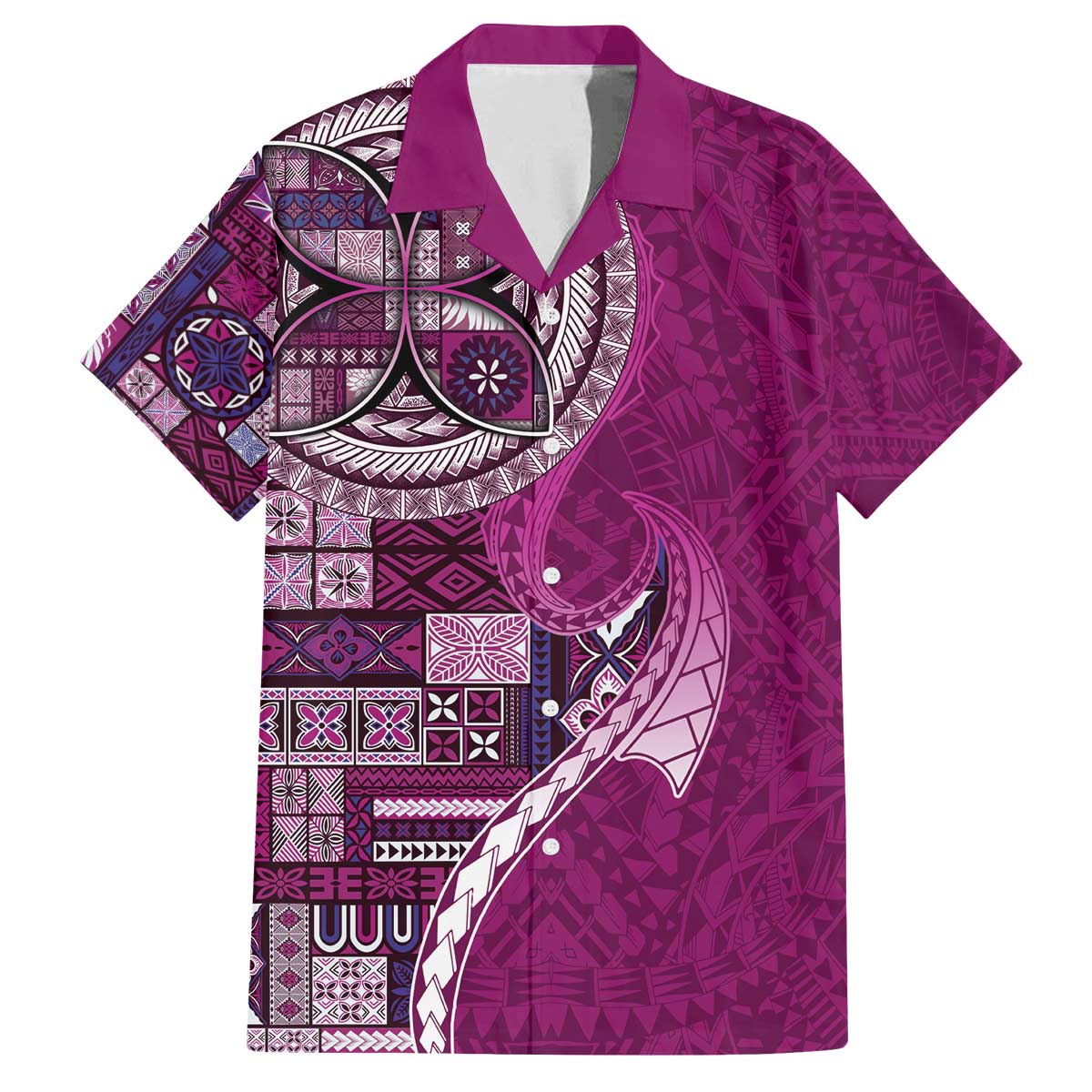 Samoan Siapo Art Tattoo Polynesian Pattern Family Matching Off The Shoulder Long Sleeve Dress and Hawaiian Shirt Pink Color - Polynesian Pride