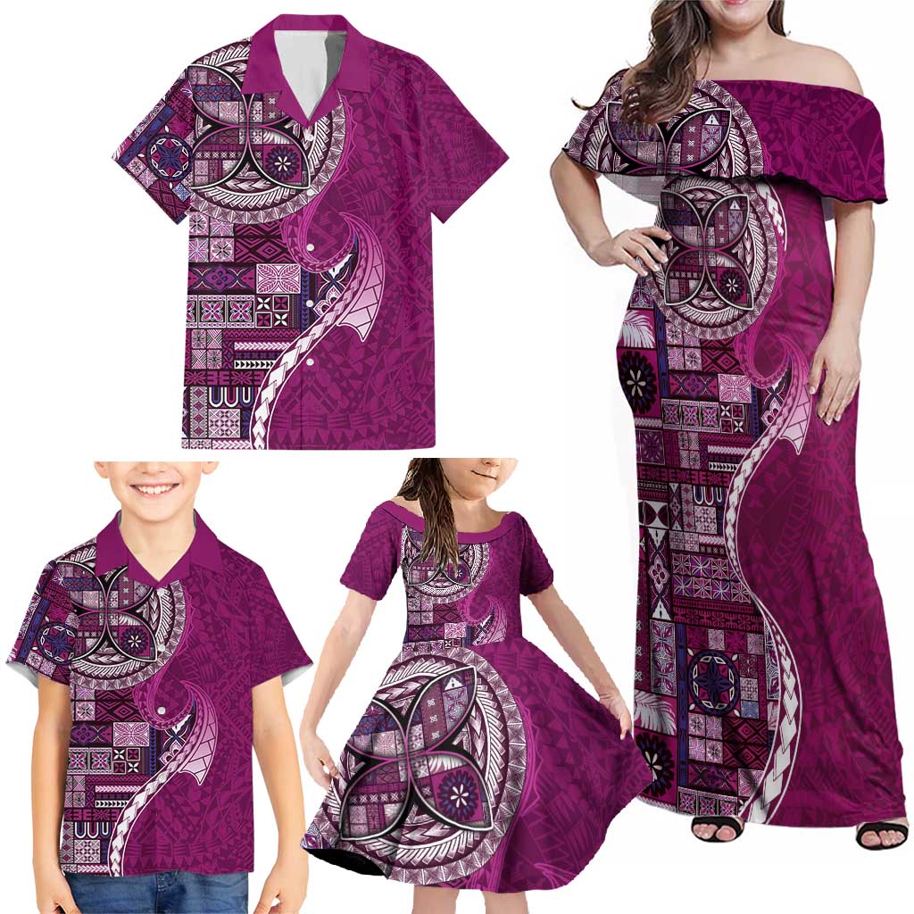 Samoan Siapo Art Tattoo Polynesian Pattern Family Matching Off Shoulder Maxi Dress and Hawaiian Shirt Pink Color - undefined