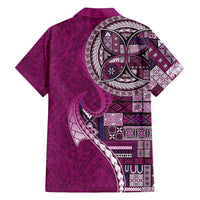 Samoan Siapo Art Tattoo Polynesian Pattern Family Matching Off Shoulder Short Dress and Hawaiian Shirt Pink Color - Polynesian Pride