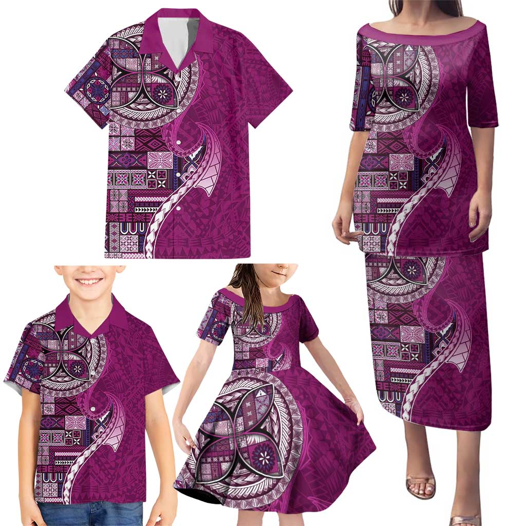 Samoan Siapo Art Tattoo Polynesian Pattern Family Matching Puletasi and Hawaiian Shirt Pink Color - Polynesian Pride