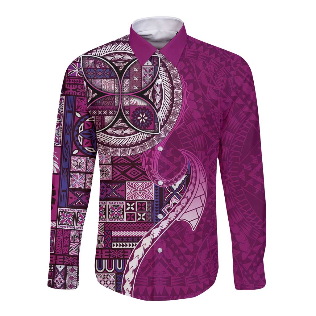 Samoan Siapo Art Tattoo Polynesian Pattern Long Sleeve Button Shirt Pink Color LT03 Unisex Pink - Polynesian Pride