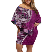 Samoan Siapo Art Tattoo Polynesian Pattern Off Shoulder Short Dress Pink Color - Polynesian Pride