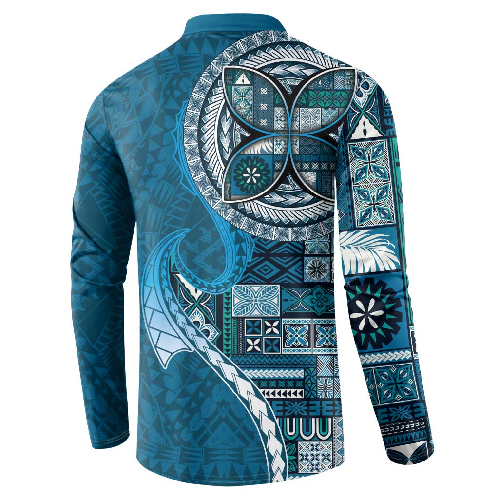 Samoan Siapo Art Tattoo Polynesian Pattern Button Sweatshirt Teal Color LT03 - Polynesian Pride