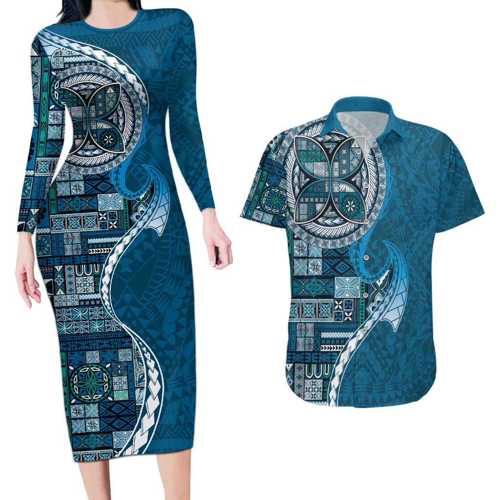 Samoan Siapo Art Tattoo Polynesian Pattern Couples Matching Long Sleeve Bodycon Dress and Hawaiian Shirt Teal Color LT03 Teal - Polynesian Pride