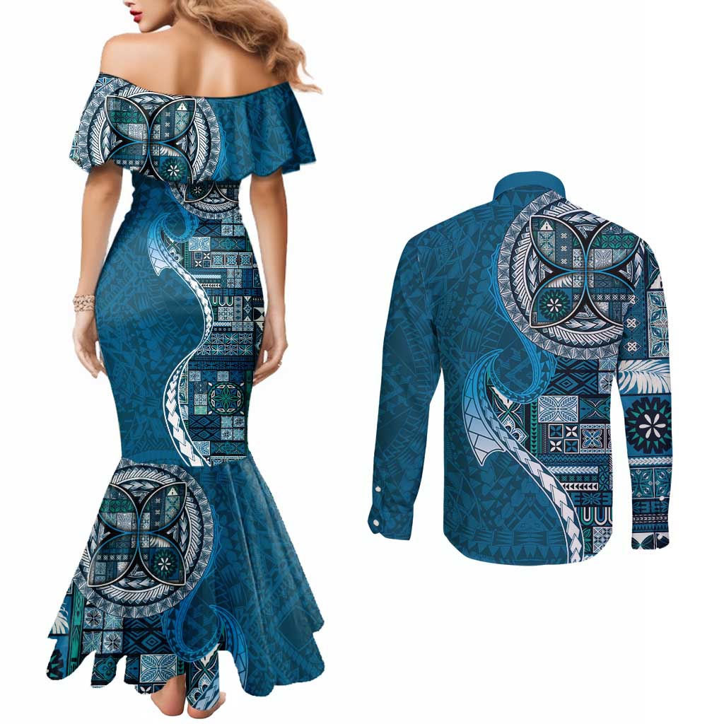 Samoan Siapo Art Tattoo Polynesian Pattern Couples Matching Mermaid Dress and Long Sleeve Button Shirt Teal Color LT03 - Polynesian Pride