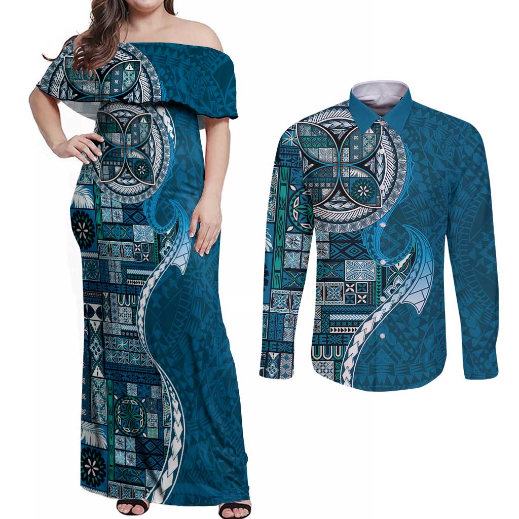 Samoan Siapo Art Tattoo Polynesian Pattern Couples Matching Off Shoulder Maxi Dress and Long Sleeve Button Shirt Teal Color LT03 Teal - Polynesian Pride