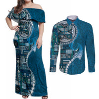 Samoan Siapo Art Tattoo Polynesian Pattern Couples Matching Off Shoulder Maxi Dress and Long Sleeve Button Shirt Teal Color LT03 Teal - Polynesian Pride