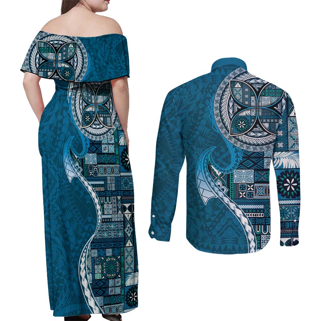 Samoan Siapo Art Tattoo Polynesian Pattern Couples Matching Off Shoulder Maxi Dress and Long Sleeve Button Shirt Teal Color LT03 - Polynesian Pride