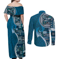 Samoan Siapo Art Tattoo Polynesian Pattern Couples Matching Off Shoulder Maxi Dress and Long Sleeve Button Shirt Teal Color LT03 - Polynesian Pride