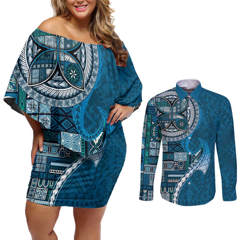 Samoan Siapo Art Tattoo Polynesian Pattern Couples Matching Off Shoulder Short Dress and Long Sleeve Button Shirt Teal Color LT03 Teal - Polynesian Pride