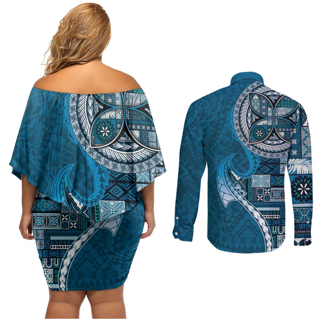 Samoan Siapo Art Tattoo Polynesian Pattern Couples Matching Off Shoulder Short Dress and Long Sleeve Button Shirt Teal Color LT03 - Polynesian Pride