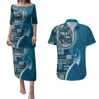 Samoan Siapo Art Tattoo Polynesian Pattern Couples Matching Puletasi and Hawaiian Shirt Teal Color LT03 Teal - Polynesian Pride