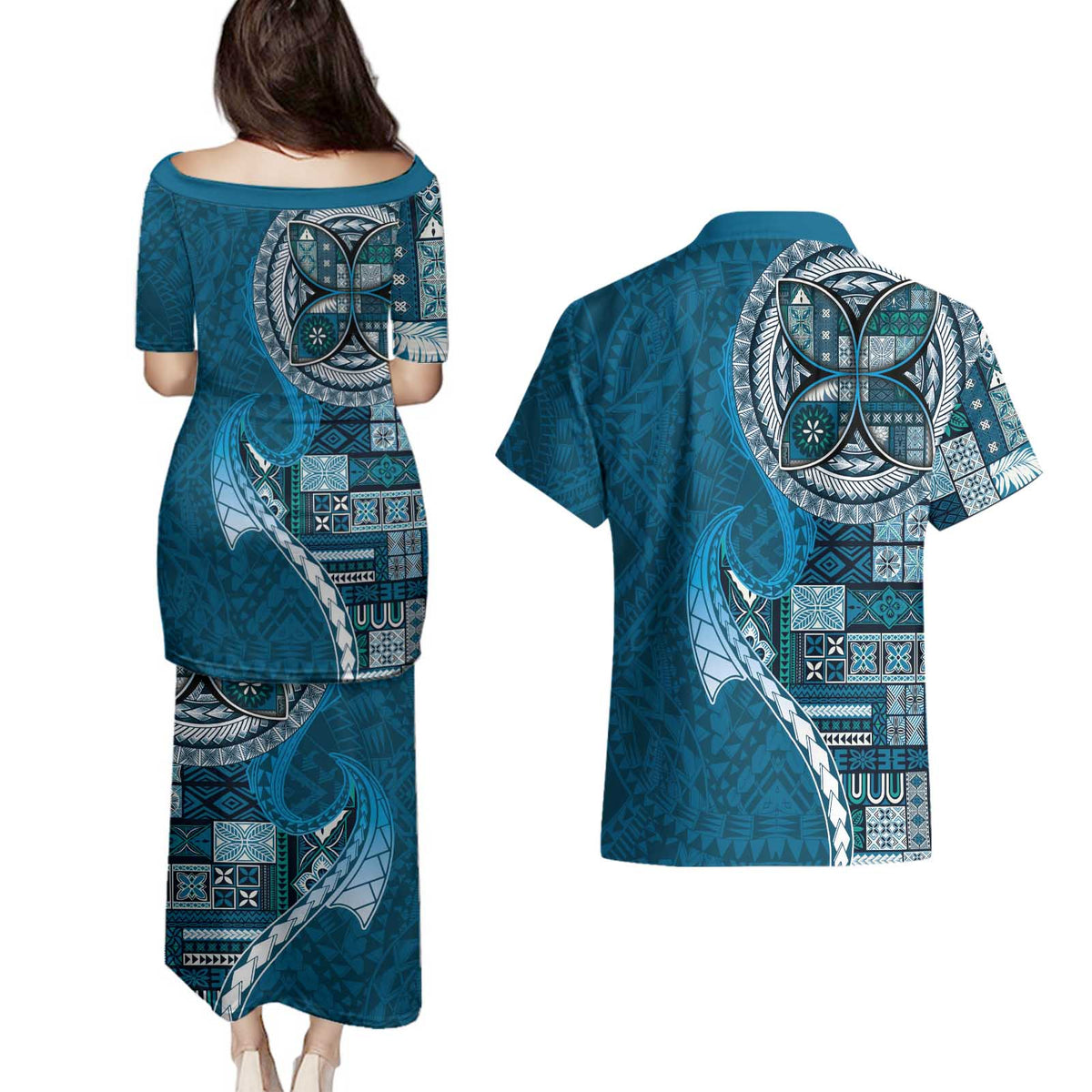 Samoan Siapo Art Tattoo Polynesian Pattern Couples Matching Puletasi and Hawaiian Shirt Teal Color LT03 - Polynesian Pride